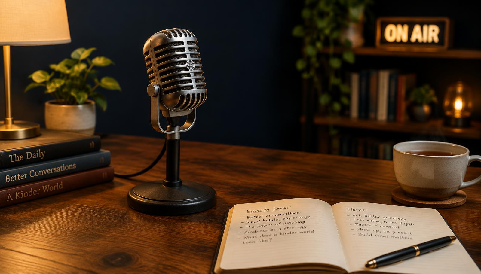 A vintage microphone beside an open notebook